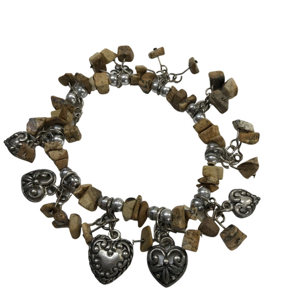 Vintage Stretch Bracelet Brown and Silvertone Heart Charms Boho Style - Picture 1 of 7